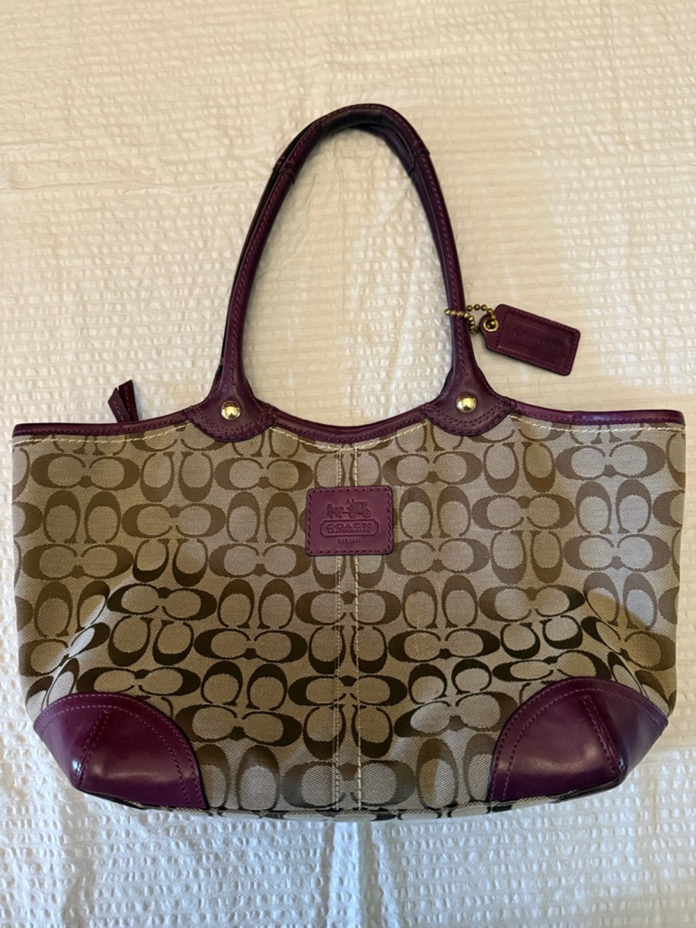 COACH Signature Stripe Tote with Plum Leather - Excellent condition!